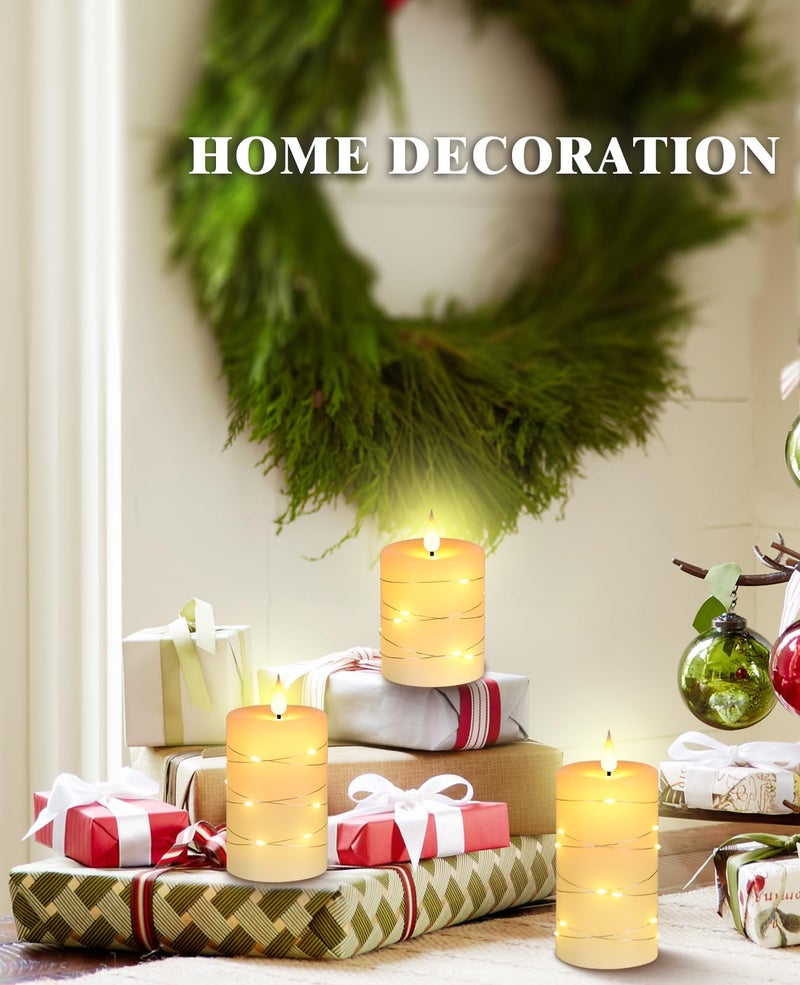 Da by Flameless Candles with String Lightsï¼ŒBattery Operated Candles,LED Flickering Candles with Remote Control and Timer, Real Wax, 3 Pack-Ivory - Image 5